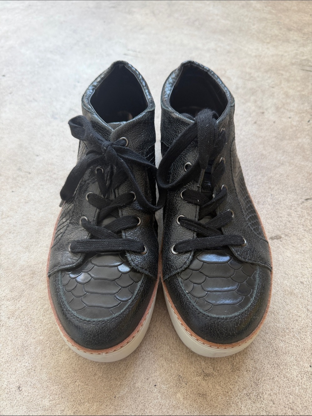Black Leather Lace-Up Sneakers with Scaled Toe Detail